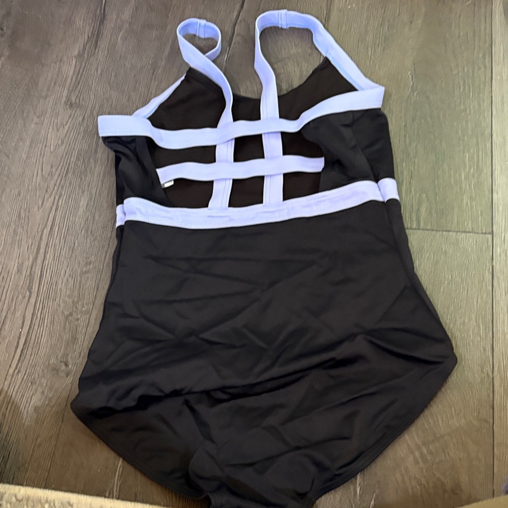 Balera Black One-Piece Leotard with Light Blue Trim Strappy back adult small - Picture 3 of 5